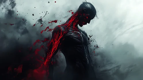 Human-like figure dissolving into dark and red fluid forms.