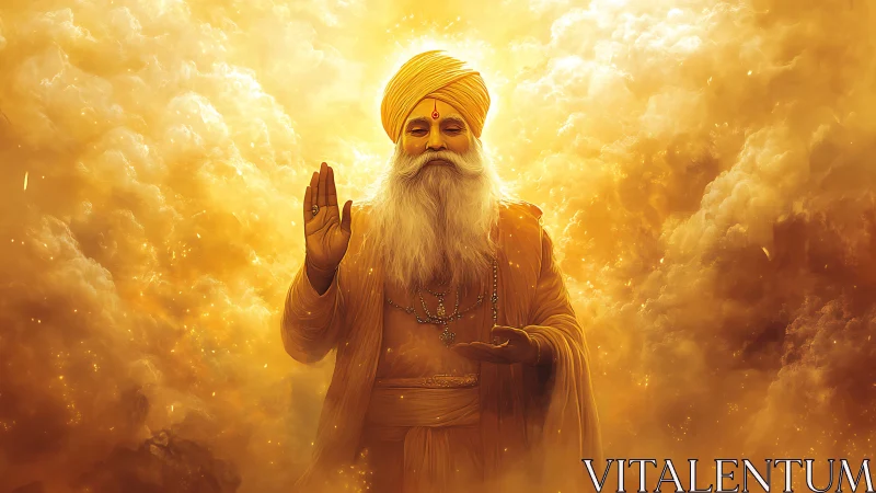 Radiant elder in golden clouds offering serene blessing.