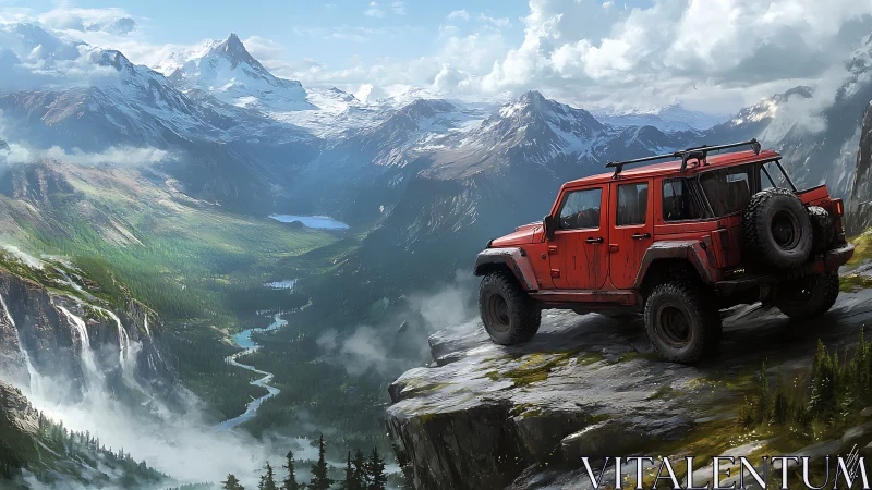 Off-road red SUV poised above sweeping alpine valley vista.