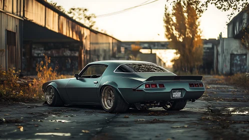 Low-slung muscle car broods in a sunlit urban wasteland.