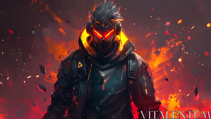 Cyber warrior stands amid swirling fire and embers.
