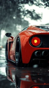 Red supercar tail glows against moody rain-soaked street.
