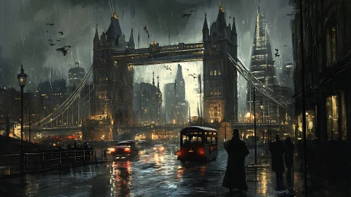 Noir digital painting of Tower Bridge in rain-soaked London night.
