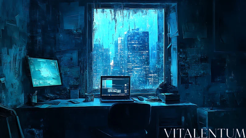 Nocturnal cyberpunk workstation facing neon drenched cityscape