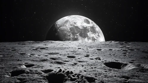 Lunar regolith panorama with eclipsed planetary limb alignment.