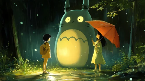 Rainy forest meeting with a gentle glowing forest spirit.