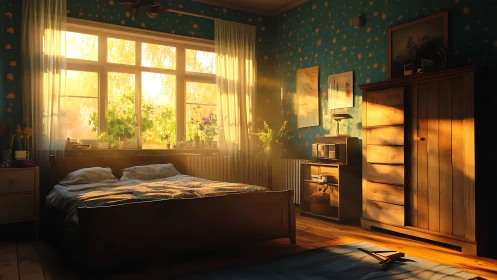 Sunlit bedroom interior with wooden furniture at sunrise.