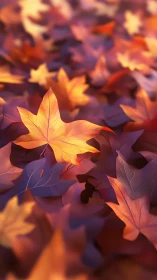 Sunlit maple leaf glows amid soft-focus autumn foliage.