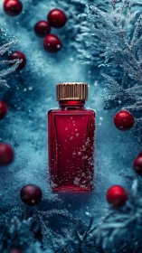 Red glass perfume bottle contrasts with frosted evergreen bokeh field