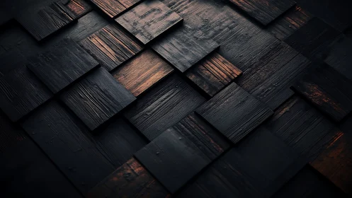Layered charred wood panels glow with subtle amber light