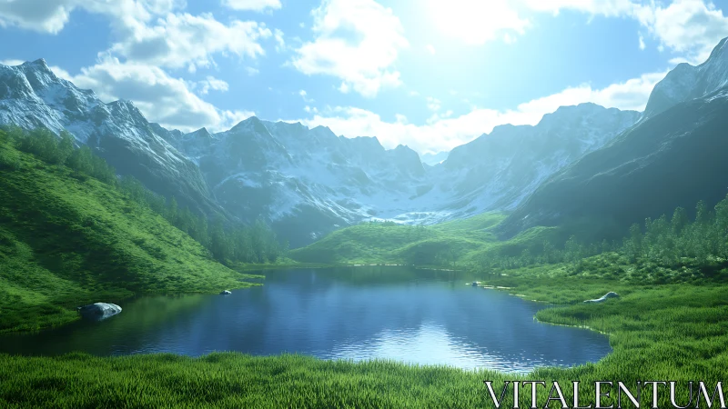 High-altitude alpine lake reflects sunlit snow-capped ridges