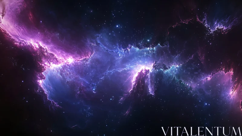 Violet and blue nebula clouds span a dense star field.