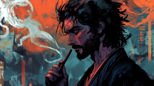 Brooding wanderer framed by swirling smoke and city glow.