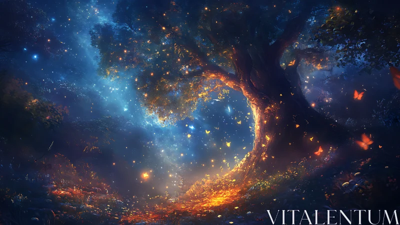 Bioluminescent forest gateway tree emits spectral particles at night