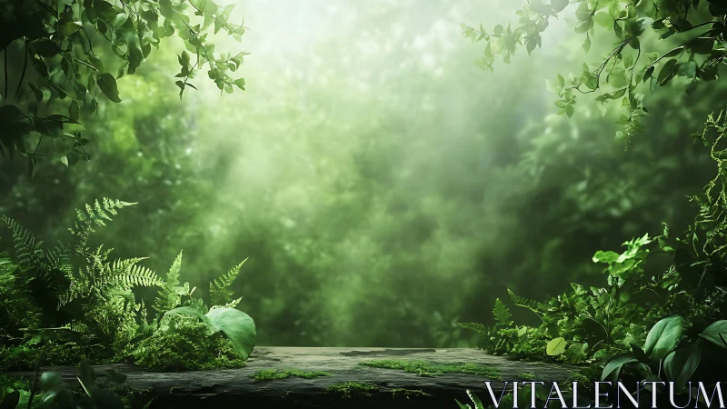 Forest pathway with vegetation and diffused light filtering through canopy.
