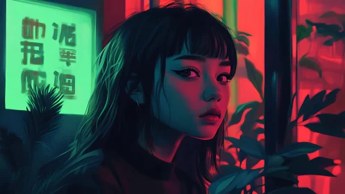 Neon city girl resting quietly in glowing night garden.