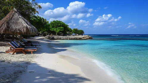 Tropical Beach Sanctuary With Thatch Shelters and Crystalline Waters
