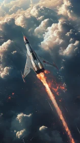 Futuristic jet aircraft ascending through dense cloud layer.