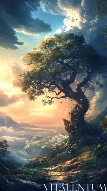 Ancient windswept tree on sunlit cliff above cloud valley