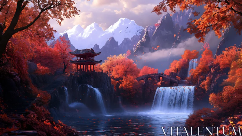 Autumn pagoda valley with cascading waterfalls and snow peaks.