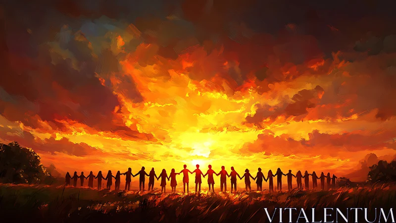 Silhouetted human chain unites beneath an incandescent sunset sky