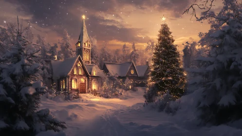 Snow-covered chapel and illuminated Christmas tree at dusk