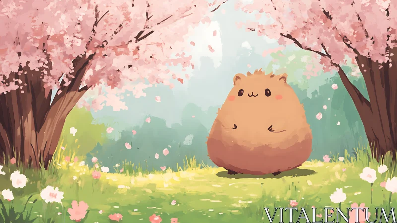 Soft round creature enjoys a gentle stroll under cherry trees