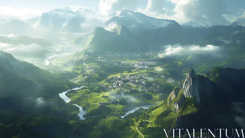 Sunlit alpine valley city rendered in cinematic digital detail