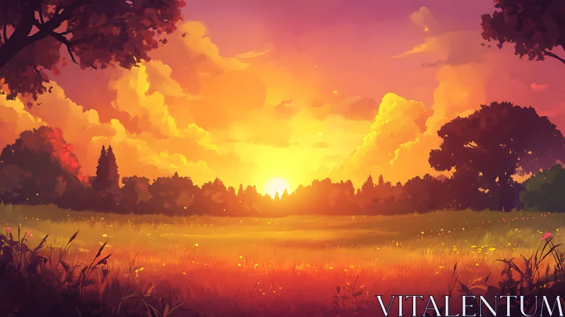 Golden sunset ignites a tranquil meadow under glowing clouds
