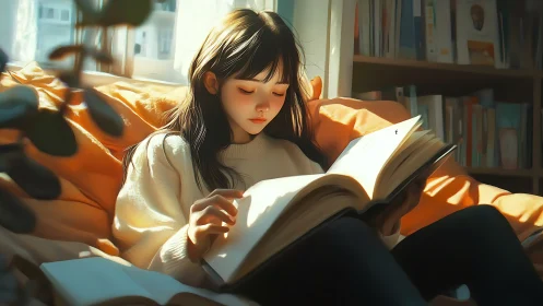Girl reading a large book on a sunlit cozy sofa.