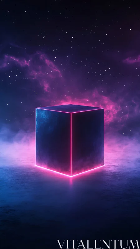 Neon cube hovers in cosmic mist under starry sky