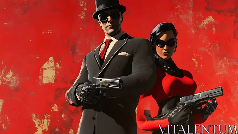 Sharp-suited gunfighters posed before distressed red wall.