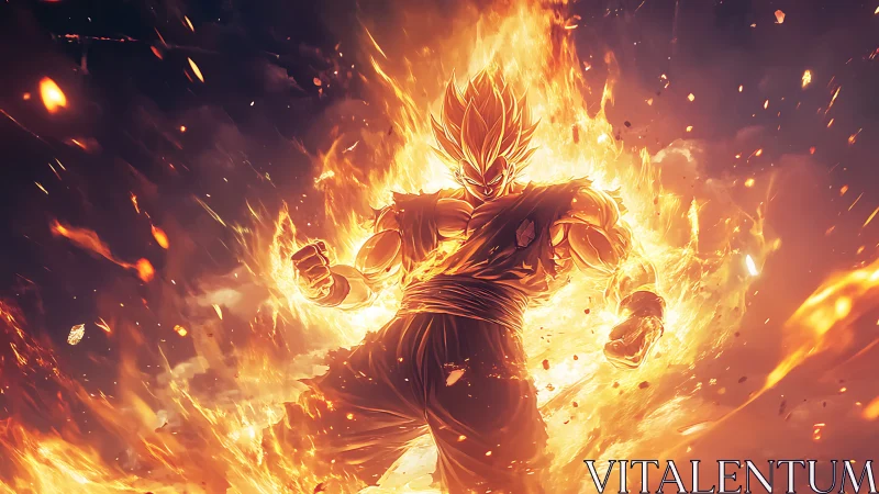 Fiery energy warrior framed by dynamic radial flame dispersion