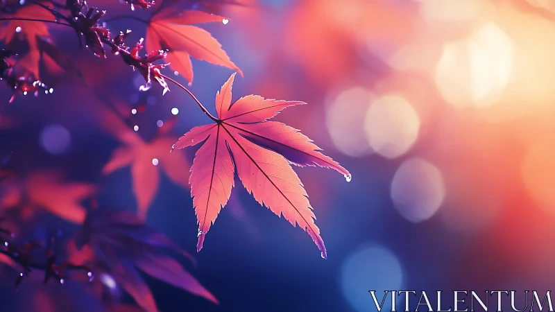 Red maple leaf hangs against glowing bokeh twilight sky