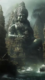 Colossal stone deity amid eroded sea temple cliffs.