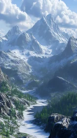 Snowcapped giants cradle a frozen river of wandering light.