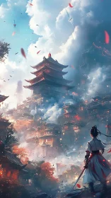 Samurai observer before stratified mountain pagoda city.