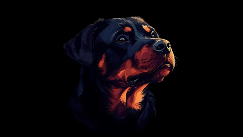 Rottweiler portrait glows in bold neon highlights on black.