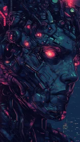 Cybernetic humanoid portrait with neon-lit mechanical implants