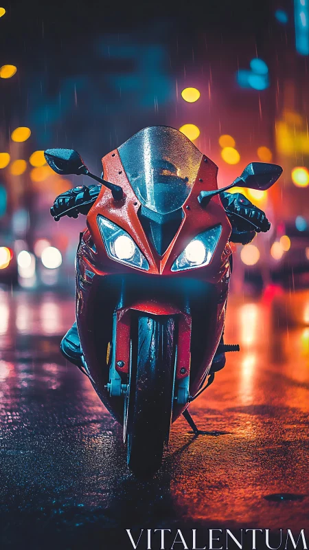 Sport motorcycle stands on wet city street in night rain