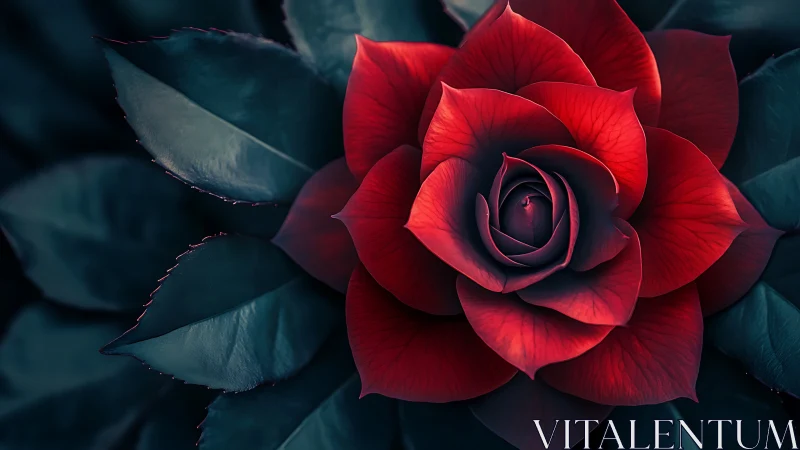 Deep Red Rose with Layered Petals Against Teal Foliage.