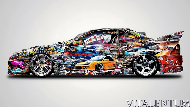 Sticker-collage sports car profile with vivid tuner art.