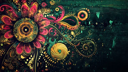 Floral mandala swirl in vivid abstract digital art.