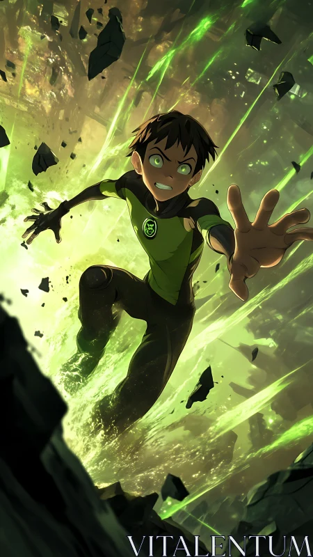 Young hero surges through green energy vortex mid-leap