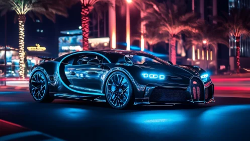 Neon hunter skims through palm-lit midnight city streets