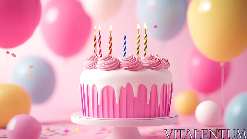 Birthday Cake with Lit Candles Surrounded by Colorful Party Balloons