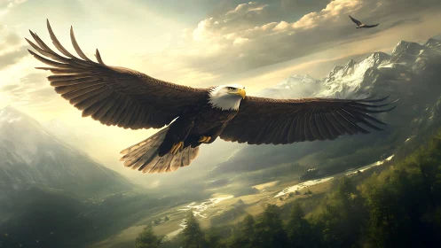Majestic Bald Eagle Soaring Over Mountain Landscape at Sunrise.