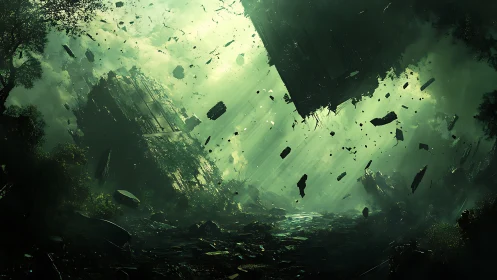 Colossal alien monoliths rupture dense emerald forest sky