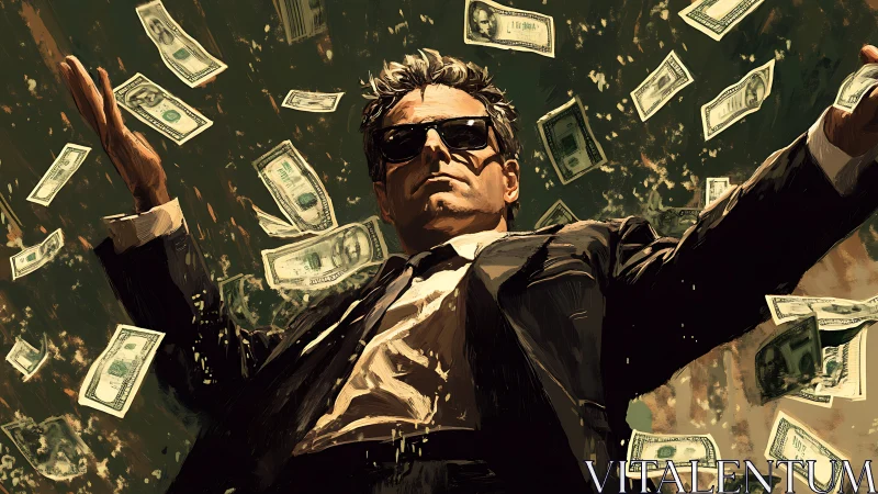 Power-suited executive under money rain in dynamic pose.