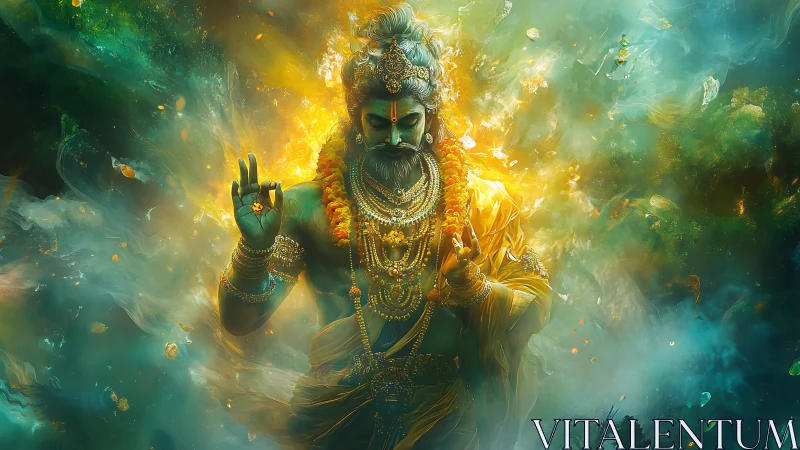 Divine cosmic deity emerges from swirling teal nebula light